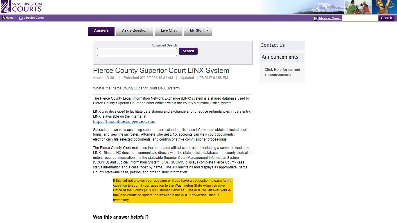 Pierce County Superior Court LINX System - Washington